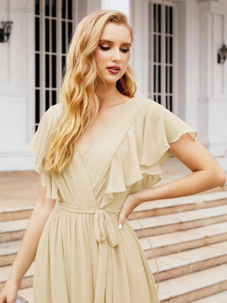 Numbersea Women's Open Back Formal Evening Party Prom Gowns V-Neck Long Chiffon Bridesmaid Dresses with Waist Belt 28038-numbersea