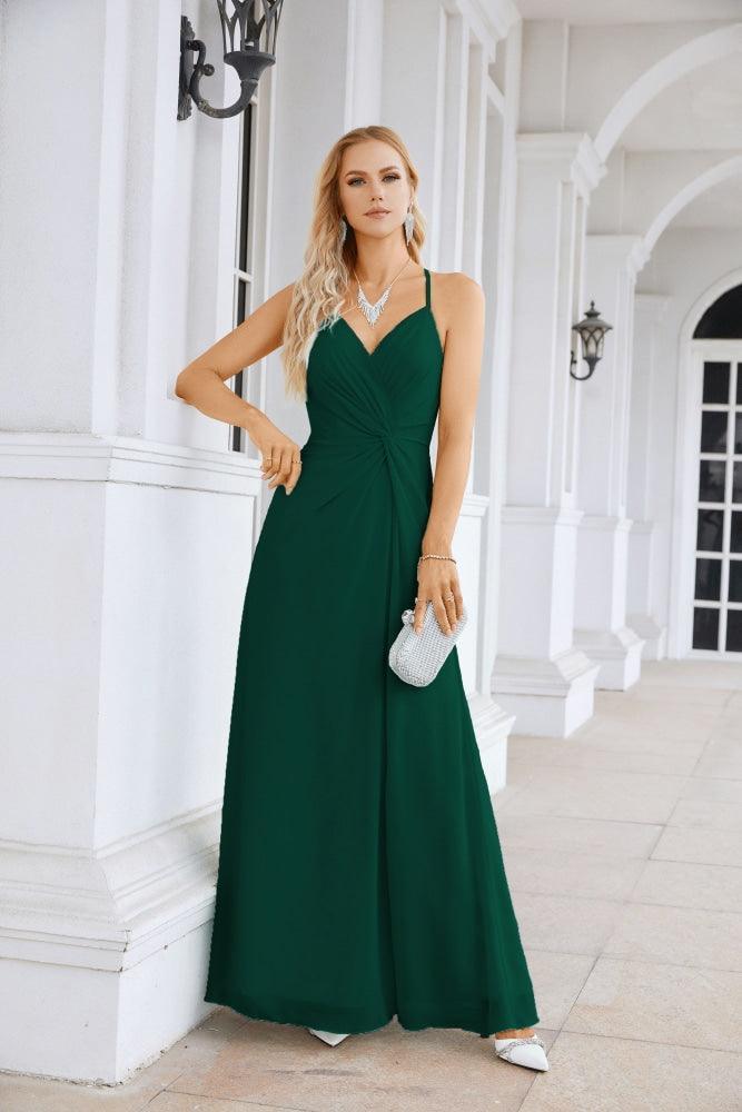 Ladies Chiffon Spaghetti Strap V Neck Front Slit Floor Length Bridesmaid Evening Dress Prom Party Wedding Evening Dress 28116-numbersea