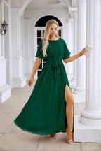 Ladies Chiffon Sleeve Crew Neck Front Slit Floor Length Bridesmaid Evening Dress Wedding Party Evening Dress 28124-numbersea