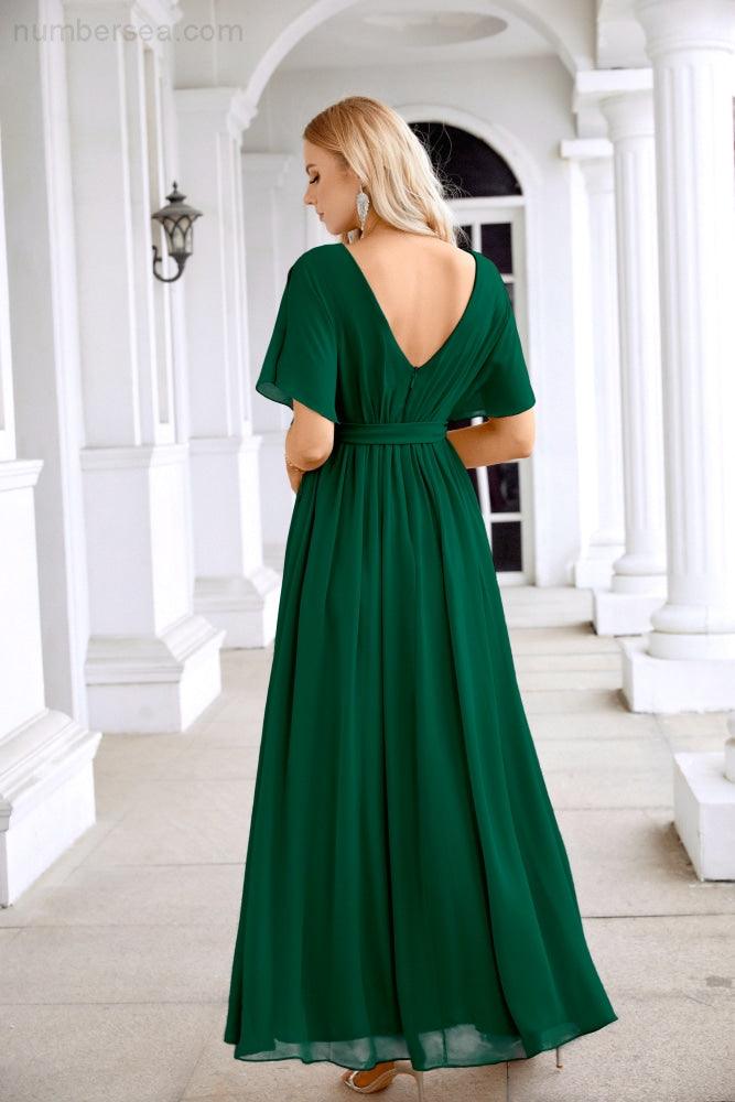 Ladies Chiffon Sleeve Crew Neck Front Slit Floor Length Bridesmaid Evening Dress Wedding Party Evening Dress 28124-numbersea