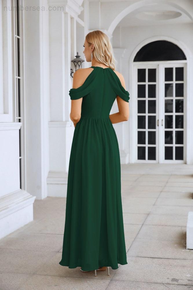 Ladies Chiffon Off Shoulder Swing Sleeve Front Slit Bridesmaid Evening Dress Wedding Party Evening Dress 28117-numbersea