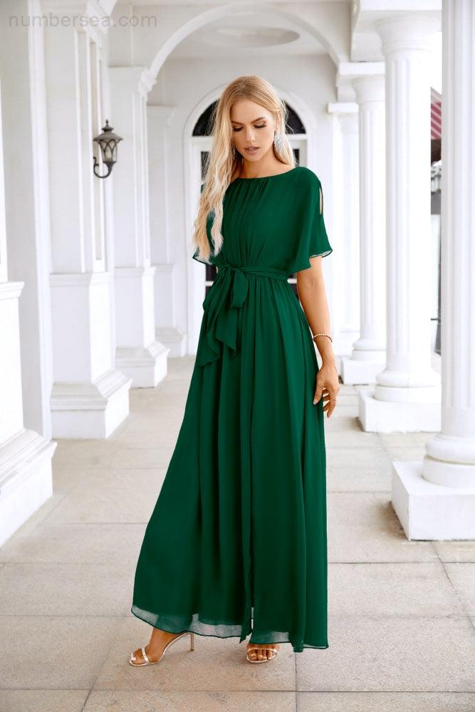 Ladies Chiffon Sleeve Crew Neck Front Slit Floor Length Bridesmaid Evening Dress Wedding Party Evening Dress 28124-numbersea