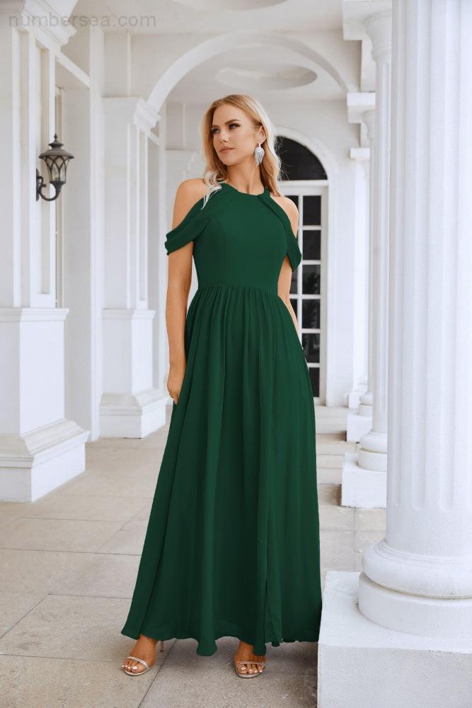 Ladies Chiffon Off Shoulder Swing Sleeve Front Slit Bridesmaid Evening Dress Wedding Party Evening Dress 28117-numbersea
