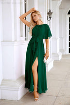 Ladies Chiffon Sleeve Crew Neck Front Slit Floor Length Bridesmaid Evening Dress Wedding Party Evening Dress 28124-numbersea