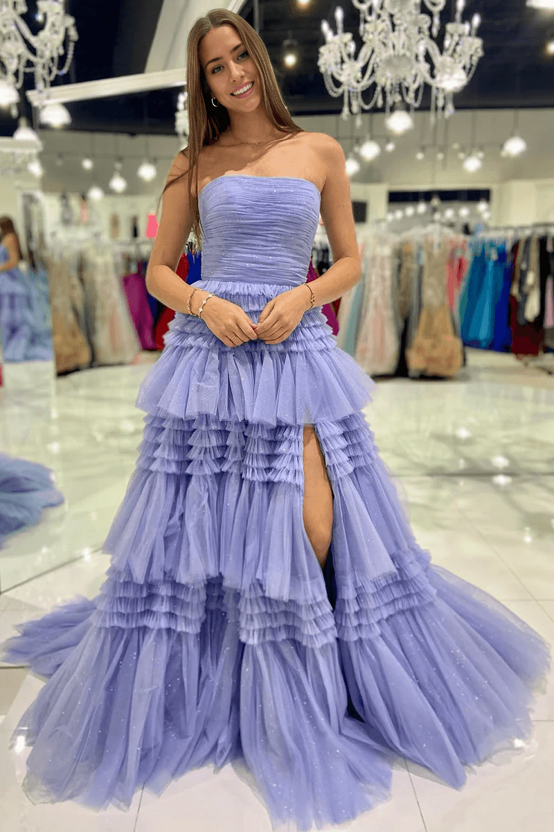 Vestido de fiesta largo de tul sin tirantes, corte A y volantes escalonados