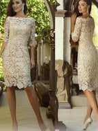 Vestidos de Madre de la Novia Corte Tubo Columna Apliques de Encaje Hombros Descubiertos Mangas 3/4 Largo hasta la Rodilla
