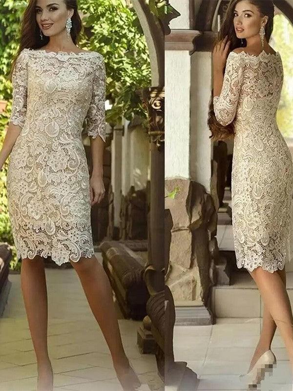 Vestidos de Madre de la Novia Corte Tubo Columna Apliques de Encaje Hombros Descubiertos Mangas 3/4 Largo hasta la Rodilla