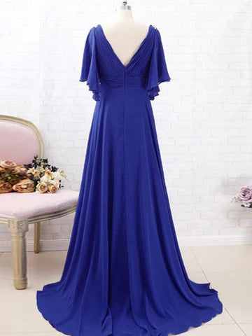 Robes de mère de la mariée A-Line Mousseline de soie Perles Col en V Manches courtes Balayage