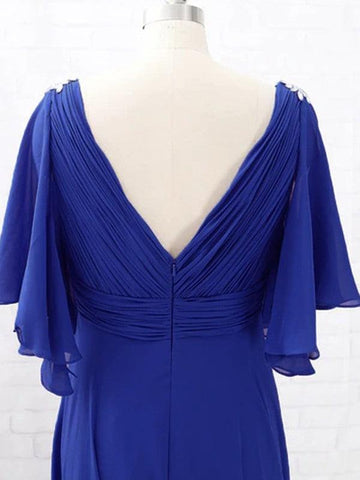 Robes de mère de la mariée A-Line Mousseline de soie Perles Col en V Manches courtes Balayage