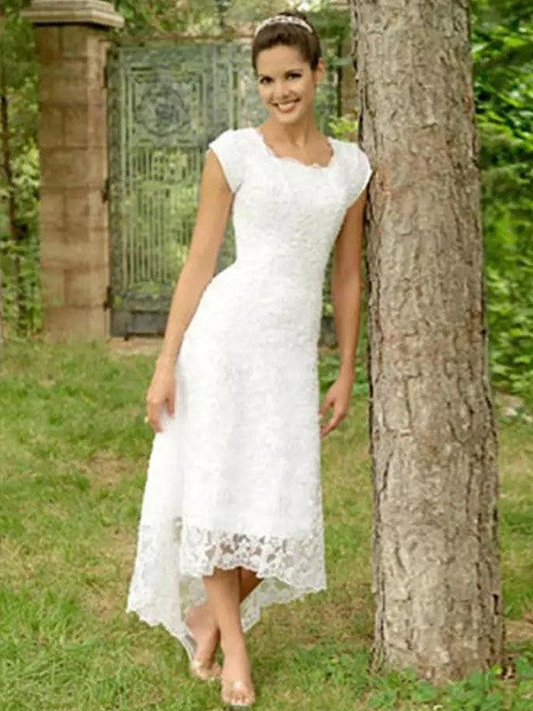 Vestidos de novia princesa encaje manga corta asimétrico
