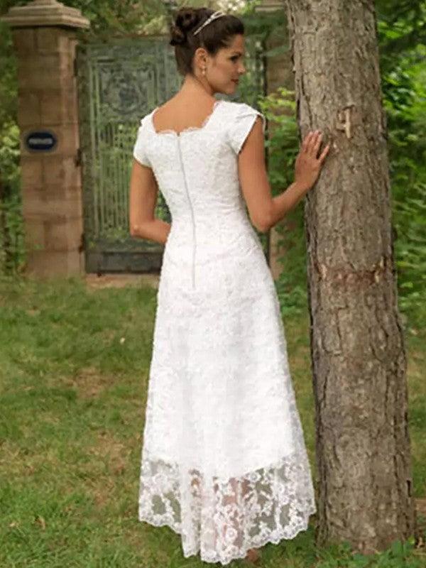 Vestidos de novia princesa encaje manga corta asimétrico