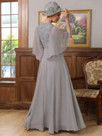 Mother of the Bride Dresses A-Line Princess Chiffon Applique V-neck 1/2 Sleeves Floor-Length
