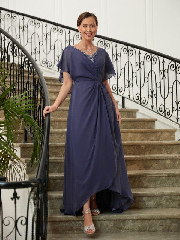 Mother of the Bride Dresses A-Line Princess Chiffon Beading V-neck Short Sleeves Asymmetrical