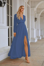 Ladies V Neck Chiffon Long Sleeve Front Slit Bridesmaid Evening Dress Wedding Party Shopping Evening Dress 28109-numbersea