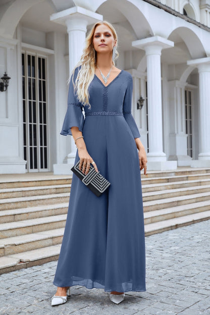 Women's V Neck One Piece Ruffle Sleeve Back Ties Backless Bridesmaid Dresses Prom Wedding Evening Dress 28085-numbersea