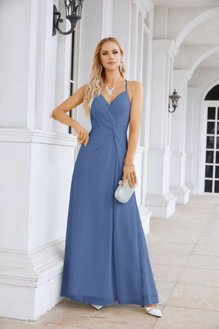 Ladies Chiffon Spaghetti Strap V Neck Front Slit Floor Length Bridesmaid Evening Dress Prom Party Wedding Evening Dress 28116-numbersea