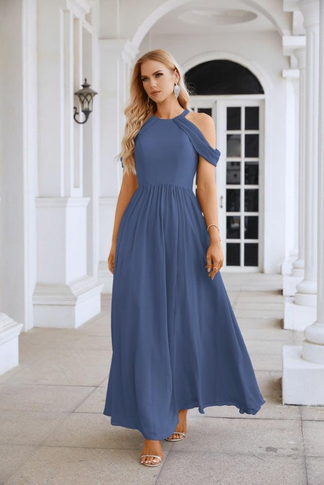 Ladies Chiffon Off Shoulder Swing Sleeve Front Slit Bridesmaid Evening Dress Wedding Party Evening Dress 28117-numbersea