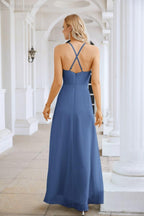 Ladies Chiffon Spaghetti Strap V Neck Front Slit Floor Length Bridesmaid Evening Dress Prom Party Wedding Evening Dress 28116-numbersea