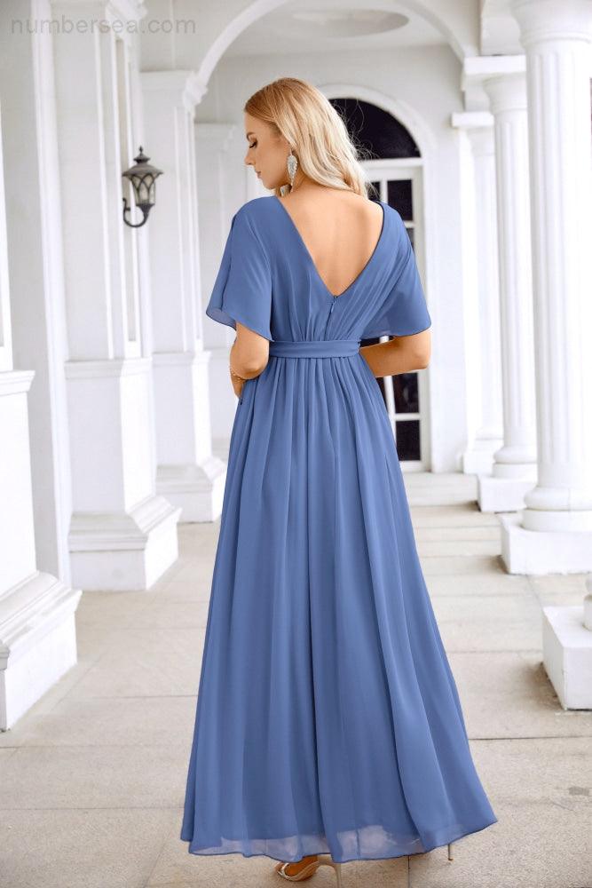 Ladies Chiffon Sleeve Crew Neck Front Slit Floor Length Bridesmaid Evening Dress Wedding Party Evening Dress 28124-numbersea