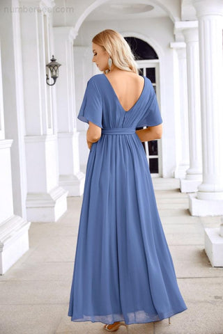 Ladies Chiffon Sleeve Crew Neck Front Slit Floor Length Bridesmaid Evening Dress Wedding Party Evening Dress 28124-numbersea