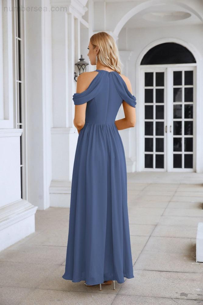 Ladies Chiffon Off Shoulder Swing Sleeve Front Slit Bridesmaid Evening Dress Wedding Party Evening Dress 28117-numbersea