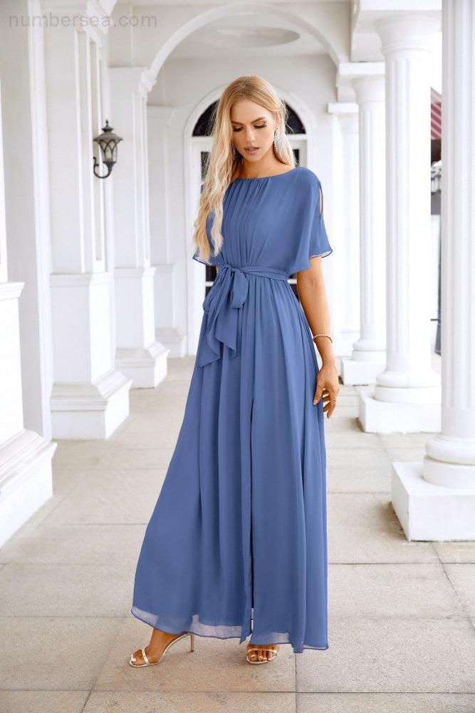 Ladies Chiffon Sleeve Crew Neck Front Slit Floor Length Bridesmaid Evening Dress Wedding Party Evening Dress 28124-numbersea