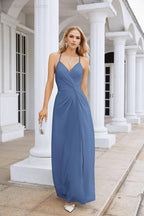Ladies Chiffon Spaghetti Strap V Neck Front Slit Floor Length Bridesmaid Evening Dress Prom Party Wedding Evening Dress 28116-numbersea