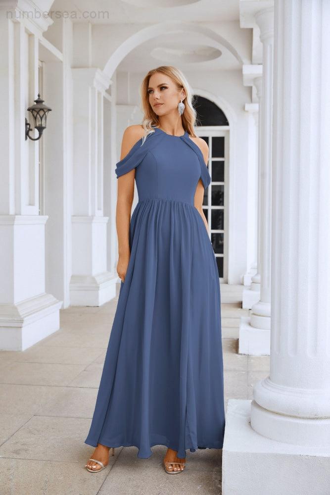 Ladies Chiffon Off Shoulder Swing Sleeve Front Slit Bridesmaid Evening Dress Wedding Party Evening Dress 28117-numbersea