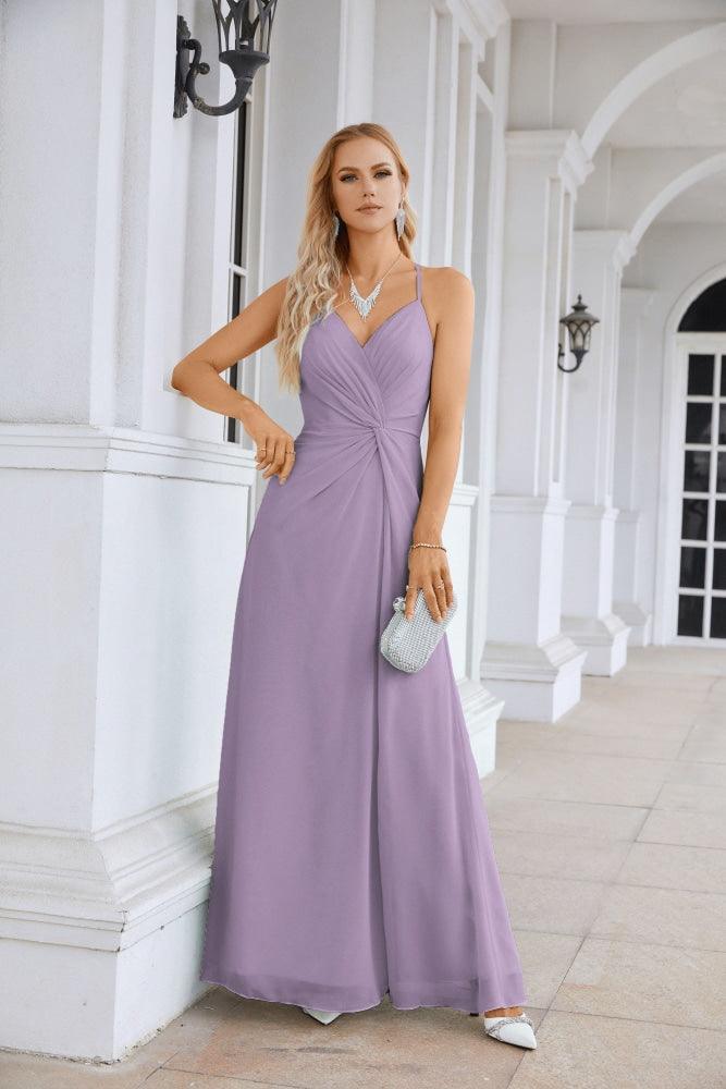 Ladies Chiffon Spaghetti Strap V Neck Front Slit Floor Length Bridesmaid Evening Dress Prom Party Wedding Evening Dress 28116-numbersea