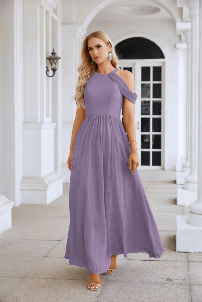 Ladies Chiffon Off Shoulder Swing Sleeve Front Slit Bridesmaid Evening Dress Wedding Party Evening Dress 28117-numbersea