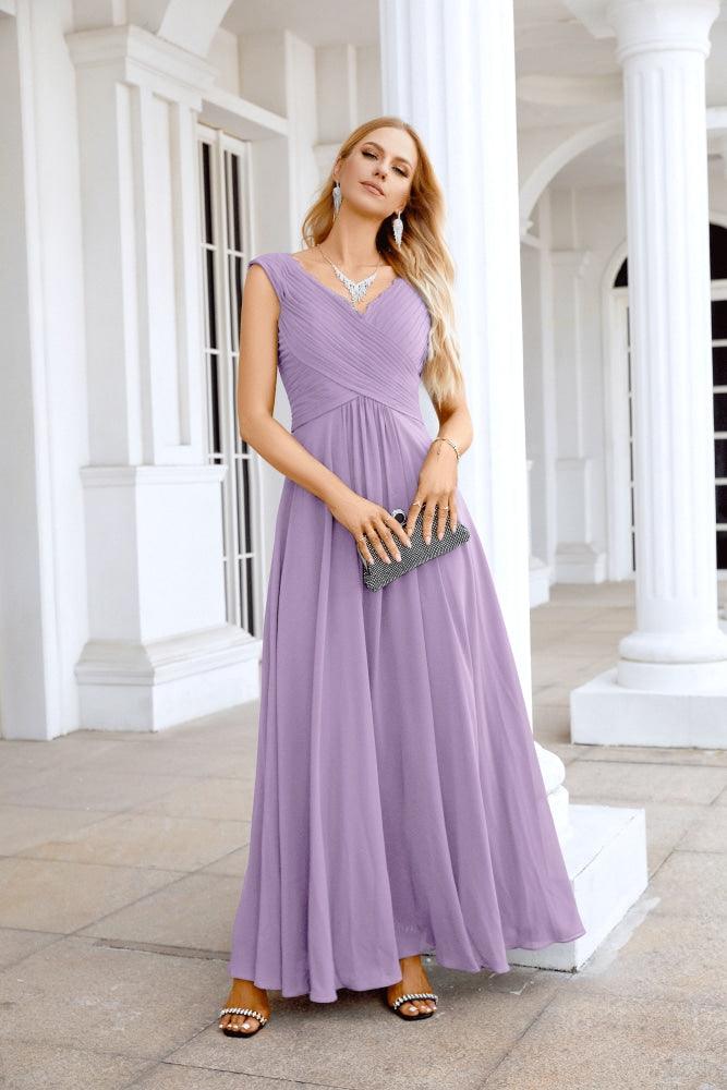 Ladies Chiffon V Neck Sleeveless Floor Length Bridesmaid Evening Dress Wedding Party Evening Dress 28126-numbersea