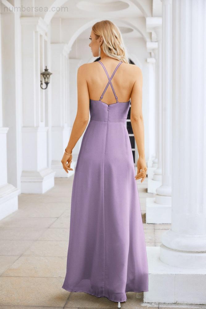 Ladies Chiffon Spaghetti Strap V Neck Front Slit Floor Length Bridesmaid Evening Dress Prom Party Wedding Evening Dress 28116-numbersea