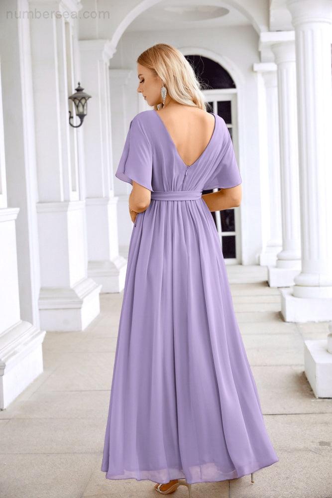 Ladies Chiffon Sleeve Crew Neck Front Slit Floor Length Bridesmaid Evening Dress Wedding Party Evening Dress 28124-numbersea