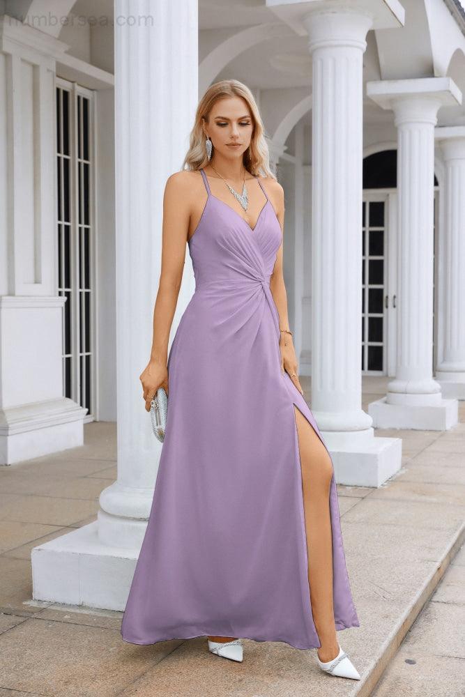 Ladies Chiffon Spaghetti Strap V Neck Front Slit Floor Length Bridesmaid Evening Dress Prom Party Wedding Evening Dress 28116-numbersea