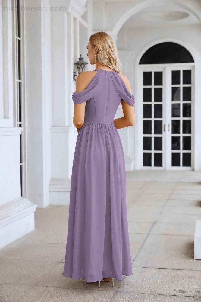 Ladies Chiffon Off Shoulder Swing Sleeve Front Slit Bridesmaid Evening Dress Wedding Party Evening Dress 28117-numbersea