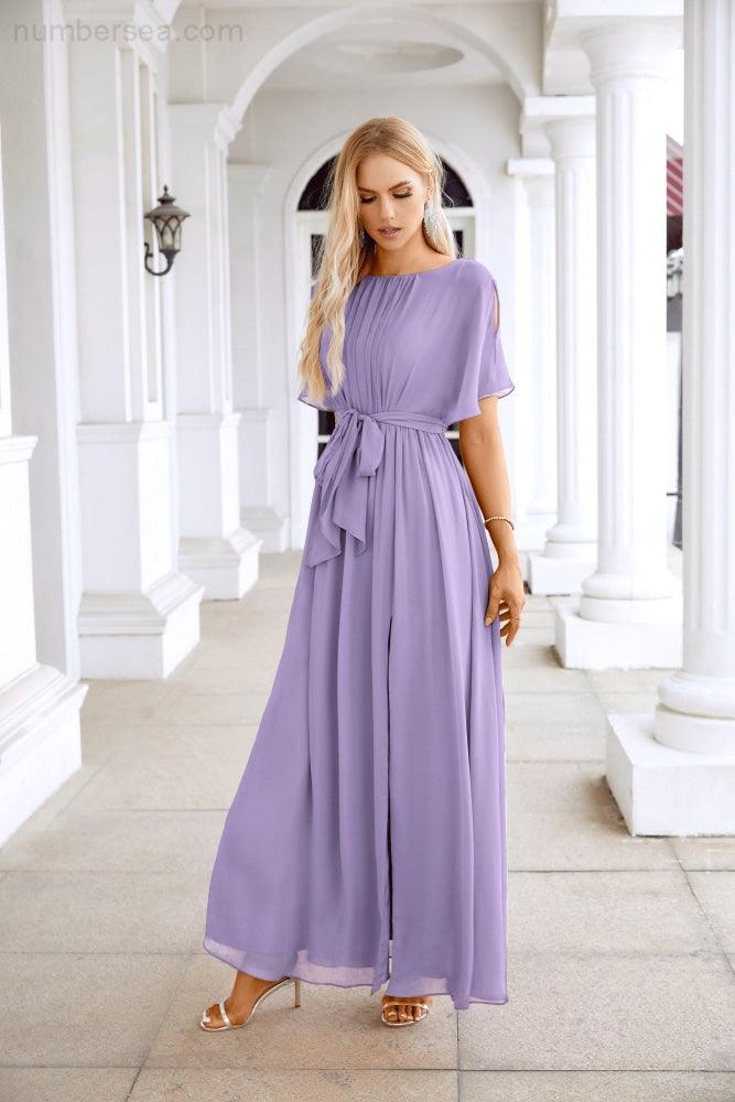 Ladies Chiffon Sleeve Crew Neck Front Slit Floor Length Bridesmaid Evening Dress Wedding Party Evening Dress 28124-numbersea