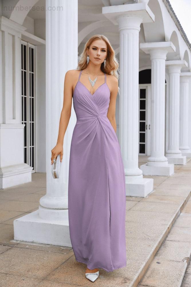 Ladies Chiffon Spaghetti Strap V Neck Front Slit Floor Length Bridesmaid Evening Dress Prom Party Wedding Evening Dress 28116-numbersea