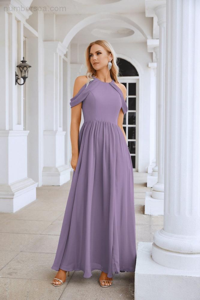 Ladies Chiffon Off Shoulder Swing Sleeve Front Slit Bridesmaid Evening Dress Wedding Party Evening Dress 28117-numbersea