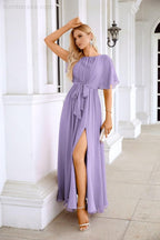 Ladies Chiffon Sleeve Crew Neck Front Slit Floor Length Bridesmaid Evening Dress Wedding Party Evening Dress 28124-numbersea