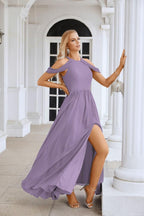 Ladies Chiffon Off Shoulder Swing Sleeve Front Slit Bridesmaid Evening Dress Wedding Party Evening Dress 28117-numbersea