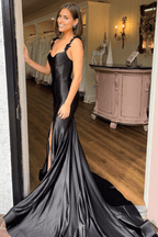 Vestido de fiesta negro con tirantes y estampado floral, corte sirena, largo