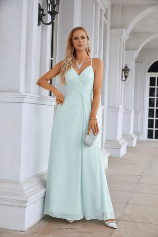 Ladies Chiffon Spaghetti Strap V Neck Front Slit Floor Length Bridesmaid Evening Dress Prom Party Wedding Evening Dress 28116-numbersea