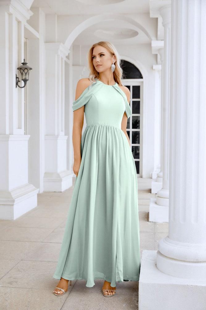Ladies Chiffon Off Shoulder Swing Sleeve Front Slit Bridesmaid Evening Dress Wedding Party Evening Dress 28117-numbersea
