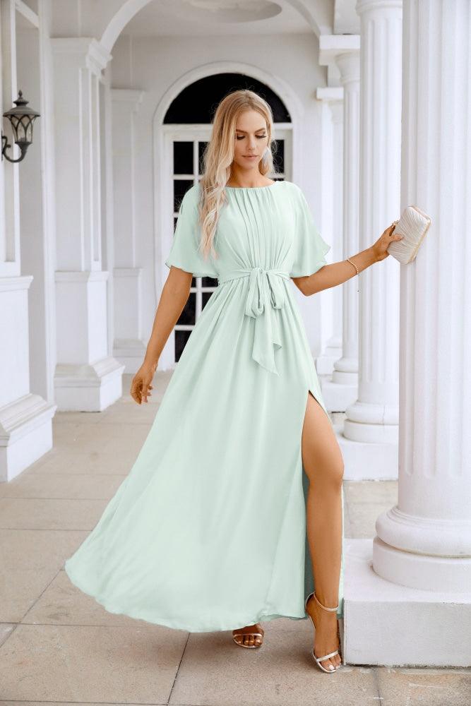 Ladies Chiffon Sleeve Crew Neck Front Slit Floor Length Bridesmaid Evening Dress Wedding Party Evening Dress 28124-numbersea