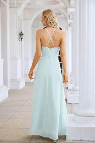 Ladies Chiffon Spaghetti Strap V Neck Front Slit Floor Length Bridesmaid Evening Dress Prom Party Wedding Evening Dress 28116-numbersea