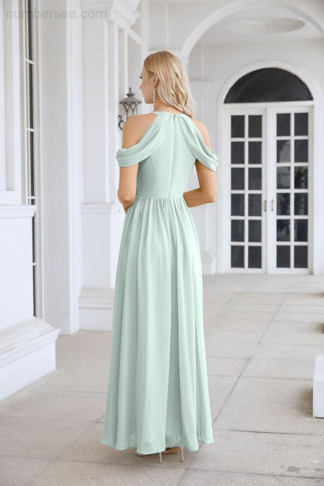 Ladies Chiffon Off Shoulder Swing Sleeve Front Slit Bridesmaid Evening Dress Wedding Party Evening Dress 28117-numbersea