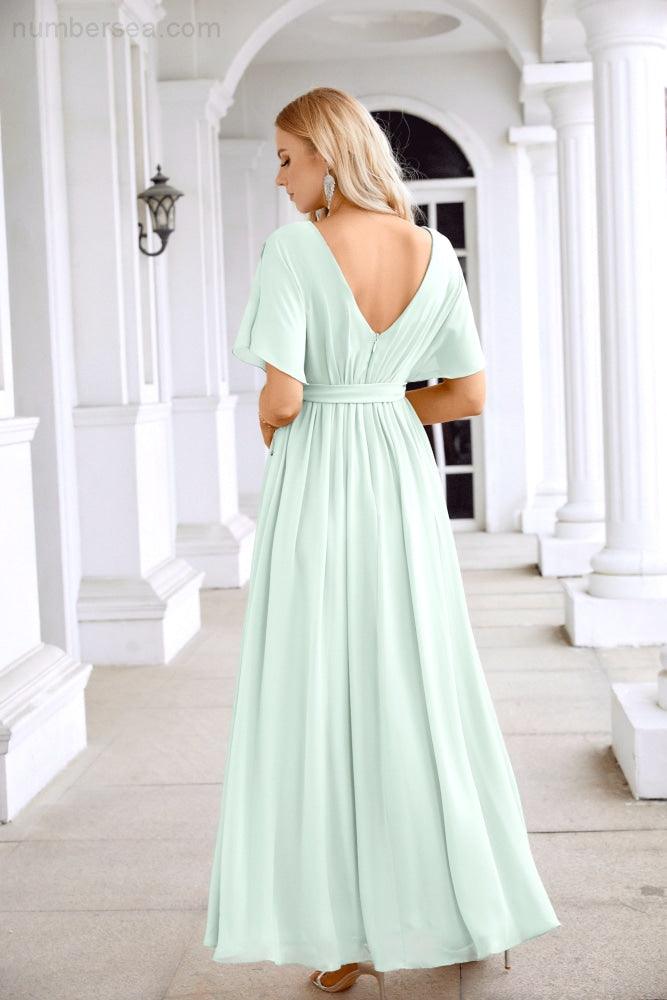 Ladies Chiffon Sleeve Crew Neck Front Slit Floor Length Bridesmaid Evening Dress Wedding Party Evening Dress 28124-numbersea