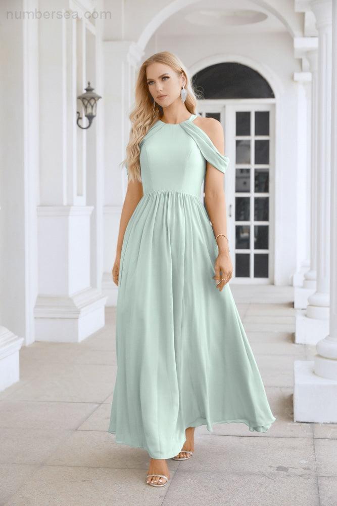 Ladies Chiffon Off Shoulder Swing Sleeve Front Slit Bridesmaid Evening Dress Wedding Party Evening Dress 28117-numbersea