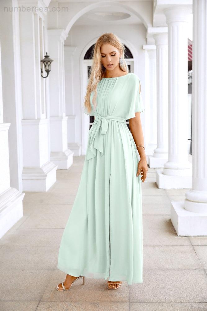 Ladies Chiffon Sleeve Crew Neck Front Slit Floor Length Bridesmaid Evening Dress Wedding Party Evening Dress 28124-numbersea