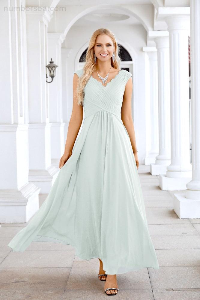 Ladies Chiffon V Neck Sleeveless Floor Length Bridesmaid Evening Dress Wedding Party Evening Dress 28126-numbersea